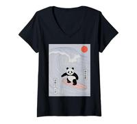 Womens Funny Panda Surfing Saying Japanese Wave Meme Humor Japan V-Neck T-Shirt