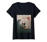 Womens Funny Panda Surfing Saying Japanese Wave Meme Humor Japan V-Neck T-Shirt