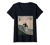 Womens Funny Panda Surfing Saying Japanese Wave Meme Humor Japan V-Neck T-Shirt