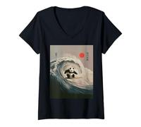 Womens Funny Panda Surfing Saying Japanese Wave Meme Humor Japan V-Neck T-Shirt