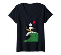Womens Funny Panda Surfing Saying Japanese Wave Meme Humor Japan V-Neck T-Shirt