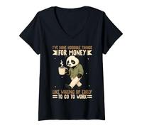 Women's Funny Panda Waking Up Early to Go to Work Sarcastic V-Neck T-Shirt
