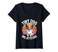 Womens Funny Papillon Vintage Sunset | Tiny Dog Big Attitude V-Neck T-Shirt