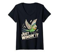 Women's Funny Parakeet Just Winging It Bird Ornithologist Humor V-Neck T-Shirt