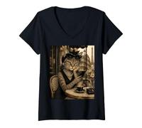 Women's Funny Paris Café Cat - Sophisticated Tabby Cat Portrait V-Neck T-Shirt