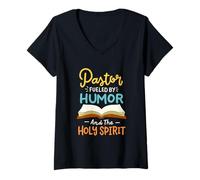 Womens Funny Pastor Fueled by Humor and Holy Spirit Bible Design V-Neck T-Shirt