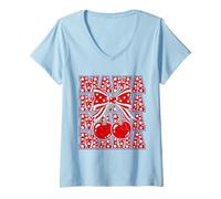 Women's Funny Patriotic Mama Cherry Bow Stars 4th of July Mom V-Neck T-Shirt