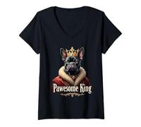 Womens Funny Pawesome French Bulldog King Dog Frenchie Art V-Neck T-Shirt