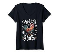 Womens Funny Peck The Halls Christmas Chicken Snowflakes Xmas V-Neck T-Shirt