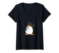 Womens Funny Penguin Coffee Lover Morning Mood V-Neck T-Shirt