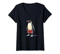 Womens Funny Penguin in Red Swim Trunks Costume V-Neck T-Shirt