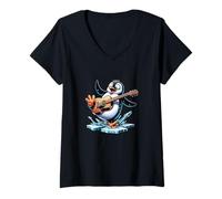 Womens Funny Penguin Playing Guitar On Ice Splash V-Neck T-Shirt