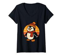 Womens Funny Penguin Winter Beanie and Scarf Graphic V-Neck T-Shirt