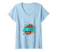 Womens Funny Personalized Name Comic Pop Art Superhero Amelie V-Neck T-Shirt