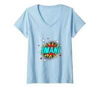 Womens Funny Personalized Name Comic Pop Art Superhero Imani V-Neck T-Shirt