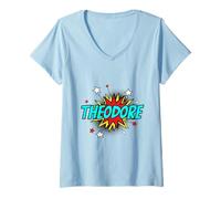 Womens Funny Personalized Name Comic Pop Art Superhero Theodore V-Neck T-Shirt