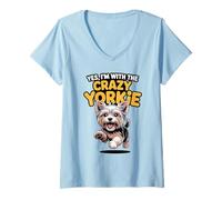 Women's Funny Pet Yorkshire Terrier Dog Yes Im with The Crazy Yorkie V-Neck T-Shirt