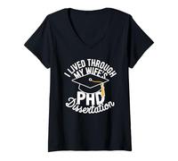 Womens Funny PhD Dissertation Doctorate Graduation for Husband V-Neck T-Shirt