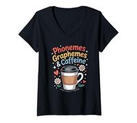 Womens Funny Phonemes Graphemes Caffeine Linguistics Humor Saying V-Neck T-Shirt