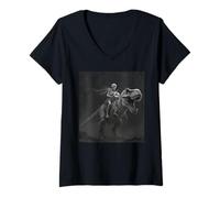 Womens Funny Photo Skeleton Riding a T-Rex Halloween Meme V-Neck T-Shirt