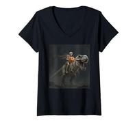 Womens Funny Photo Skeleton Riding a T-Rex Halloween Meme V-Neck T-Shirt