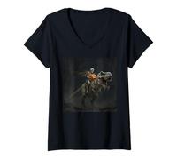 Womens Funny Photo Skeleton Riding a T-Rex Halloween Meme V-Neck T-Shirt