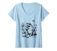 Women's Funny Pickle Western Frog in Desert Eating Pickles V-Neck T-Shirt
