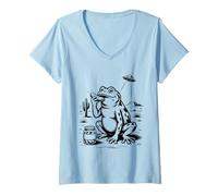 Women's Funny Pickle Western Frog in Desert Eating Pickles V-Neck T-Shirt