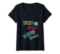 Women's Funny Pickleball Stressed, Blessed Pickleball Obsessed V-Neck T-Shirt