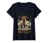 Womens Funny Pigs Jumping on Trampoline Fall Autumn Farm Animals V-Neck T-Shirt