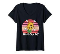 Women's Funny Pineapple, All U Can Eat Retro Upside Down Pineapple V-Neck T-Shirt