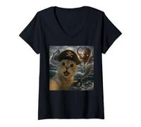 Women's Funny Pirate Cat Selfie with Sea Monster Octopus and Shark V-Neck T-Shirt