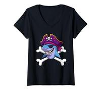 Womens Funny Pirate Shark Crossbones Halloween Graphic V-Neck T-Shirt