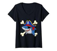 Womens Funny Pirate Shark Crossed Bones Halloween Costume V-Neck T-Shirt