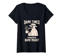 Women's Funny Plague Doctor Coffee Lover Gothic Dark Humor V-Neck T-Shirt