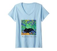 Women's Funny Please Don't Talk to Me Sleeping Black Cat Van Gogh V-Neck T-Shirt