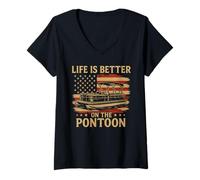 Womens Funny Pontoon Captain, Patriotic USA Flag Summer Boating V-Neck T-Shirt