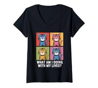 Womens Funny Pop Art Cat Quote Meme What Am I Doing with My Lives V-Neck T-Shirt