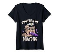 Womens Funny Powered by Crayons Bulldog Jarhead Family Military V-Neck T-Shirt
