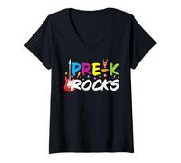 Womens Funny Pre-K Rocks Guitar Music Preschool Students Teachers V-Neck T-Shirt