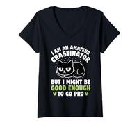 Women's Funny Procrastination Cat Amateur Crastinator Humor V-Neck T-Shirt