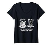 Women's Funny Procrastination Motivation vs Anxiety Tortoise Lover V-Neck T-Shirt