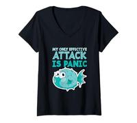 Womens Funny Pufferfish Blowfish My Only Effective Attack is Panic V-Neck T-Shirt