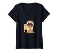 Women's Funny Pug Eating Spaghetti Clumsy Dog Design V-Neck T-Shirt