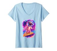 Women's Funny Pug Flying A Pizza Astronaut Puppy Space V-Neck T-Shirt