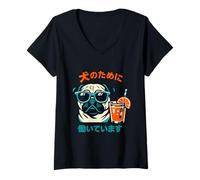 Women's Funny Pug Lover Japanese I Work for My Dog V-Neck T-Shirt