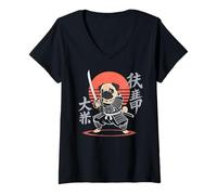 Womens Funny Pug Ninja Samurai Retro Anime for Dog Lovers V-Neck T-Shirt