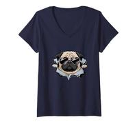 Women's Funny Pug with Sunglasses Hipster Dog Style V-Neck T-Shirt