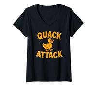 Women's Funny Quack Attack Duck Graphic Retro Humor Cute Animal V-Neck T-Shirt