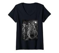 Womens Funny Rabbit Selfie with Spooky Scarecrows Halloween Animal V-Neck T-Shirt